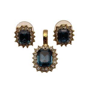 Roman Blue Faux Sapphire Faceted Glass Pendant Pierced Earring Set Gold Tone VTG